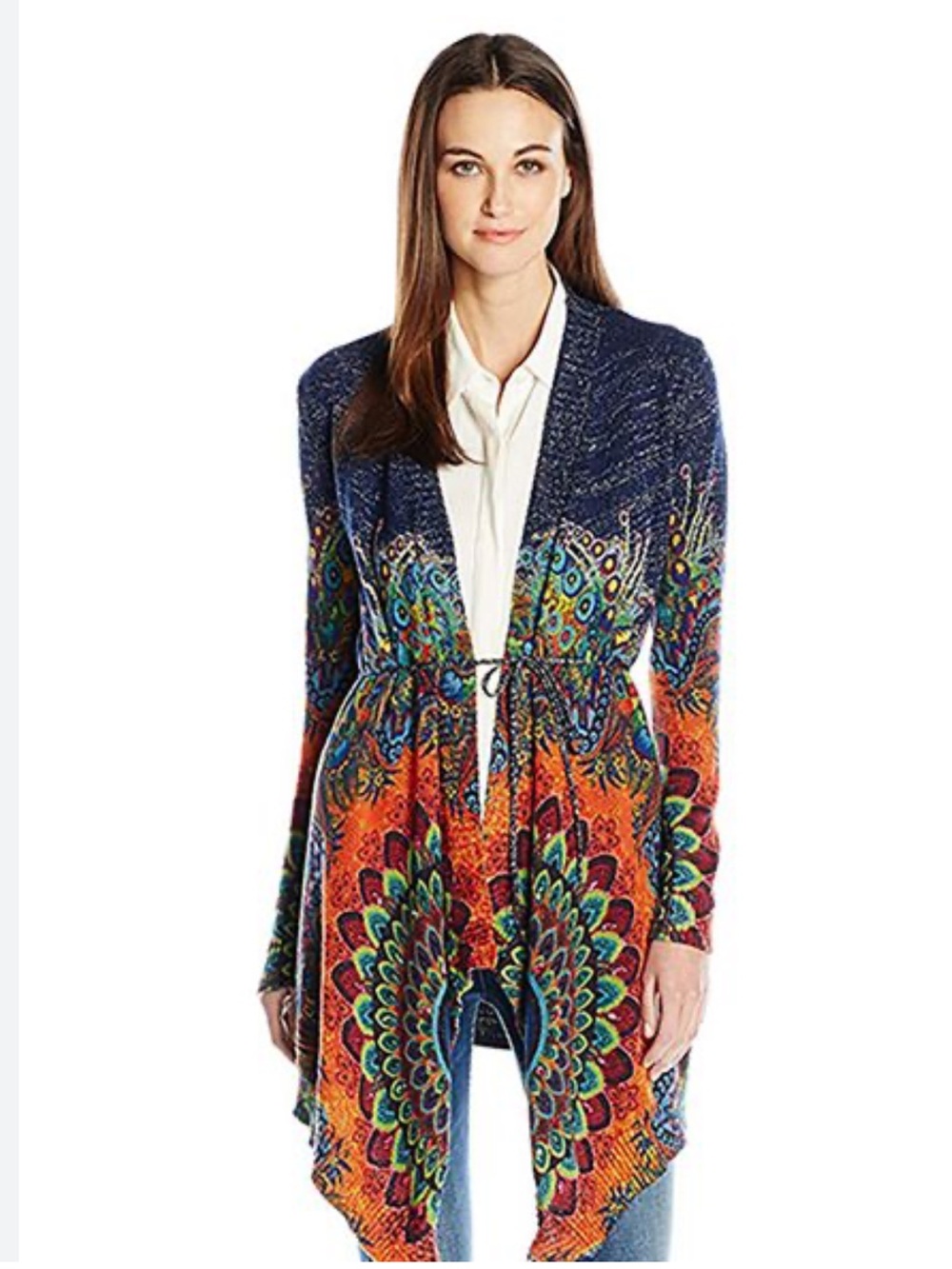 Desigual Peacock Print Tie Front Knit Cardigan Navy Orange XS Small